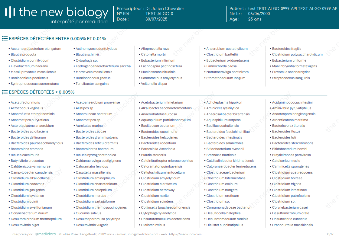 Page 1 du compte-rendu d'analyse du microbiote